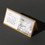 DL Desk Calendar Mockup Put at the 34 Angle View