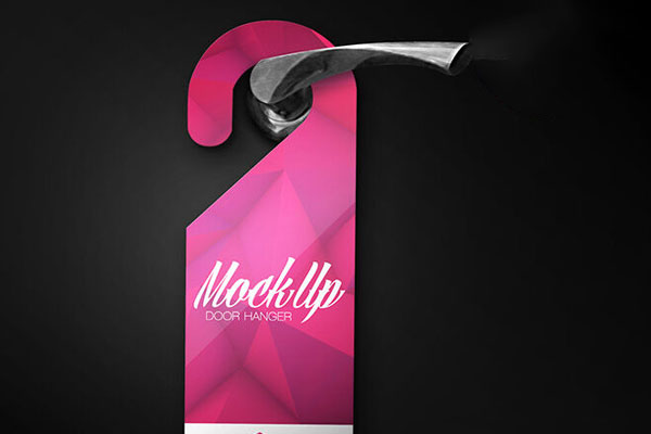 Door Hanger Hung Over Door Handle in Front View Mockup