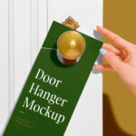 Door Hanger on a Wooden Door Besides a Woman’s Hand Mockup