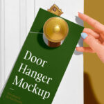 Door Hanger on a Wooden Door Besides a Woman’s Hand Mockup