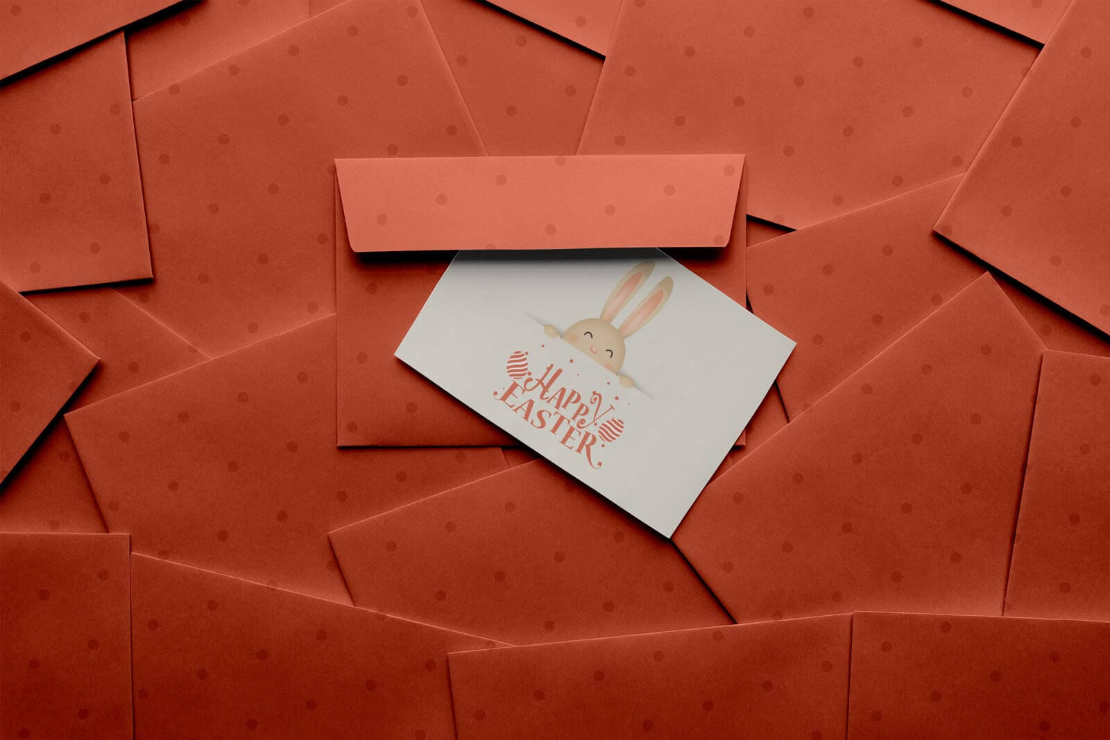 Easter Greeting Card Mockup with Several Envelopes Covering the Floor FREE PSD