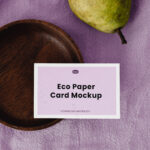 Eco Paper Card Mockup with Wooden Plate in Top Sight