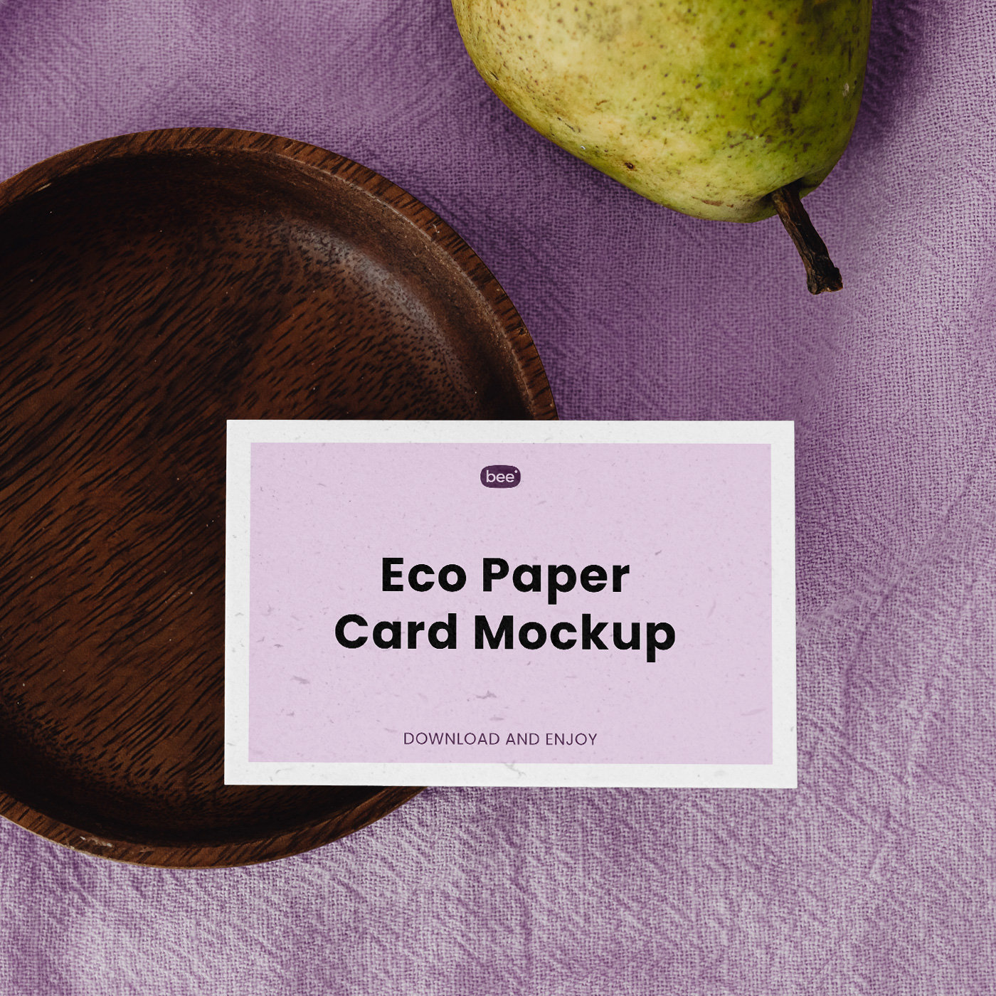 Eco Paper Card Mockup with Wooden Plate in Top Sight FREE PSD