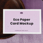 Eco Paper Card Mockup with Wooden Plate in Top Sight