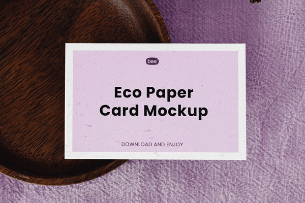 Eco Paper Card Mockup with Wooden Plate in Top Sight