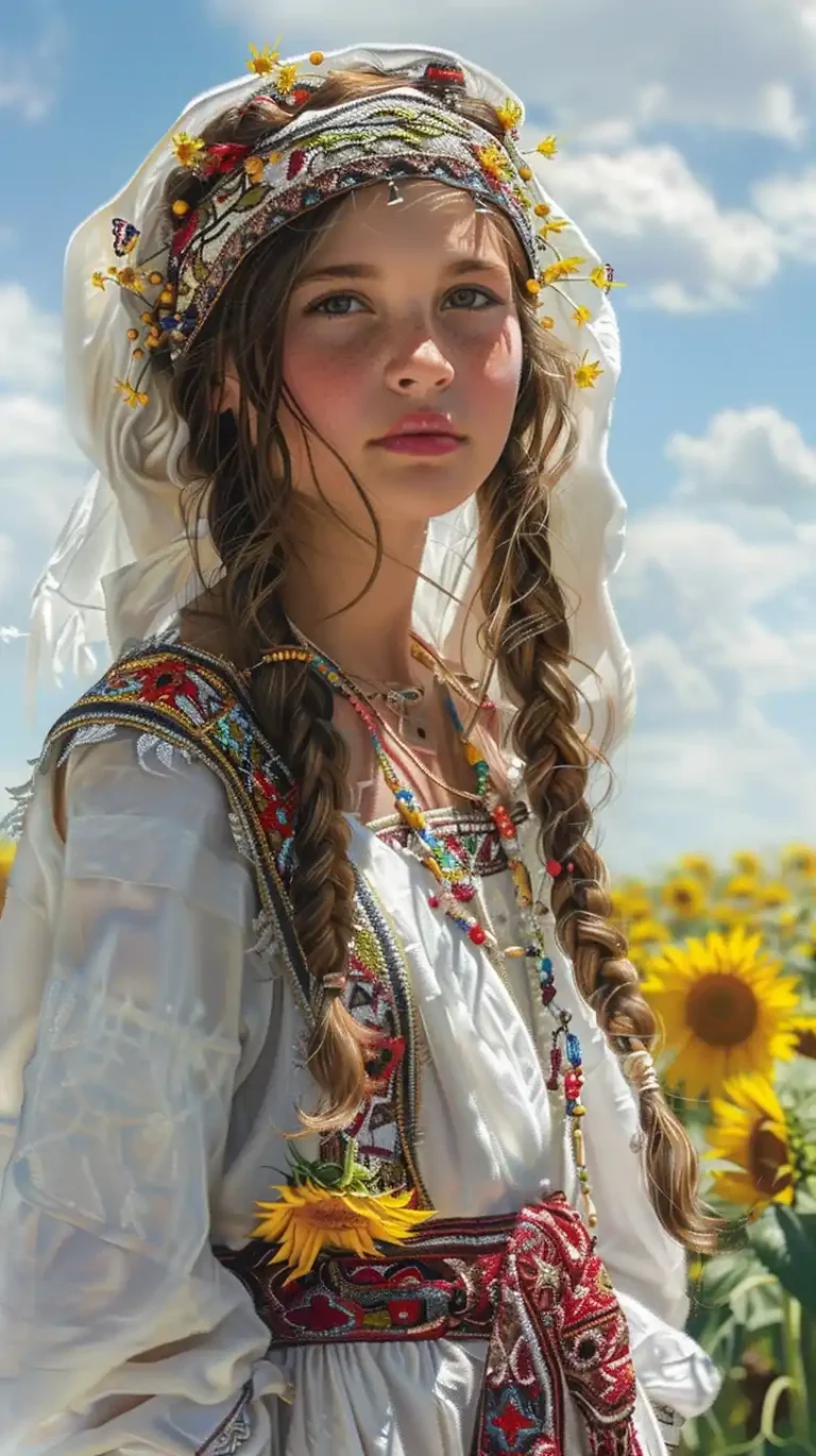 Embroidered Girl in Sunflowers