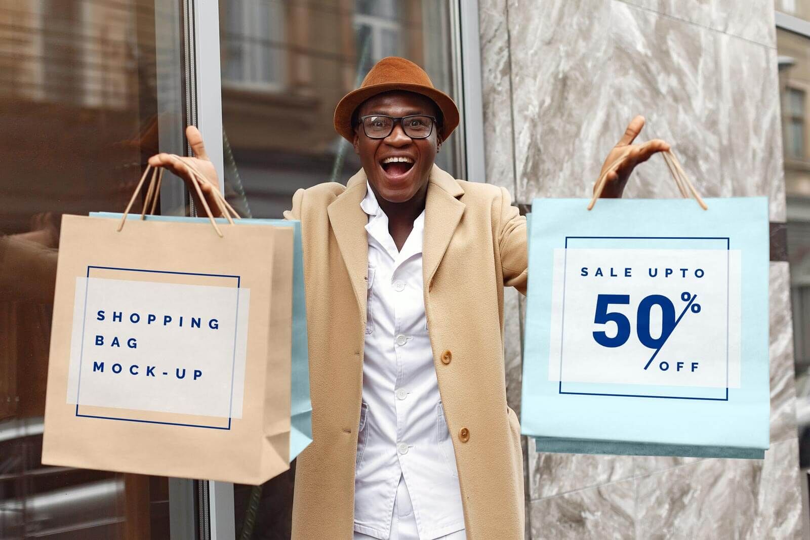 Excited Man Holding Shopping Bags Mockup FREE PSD