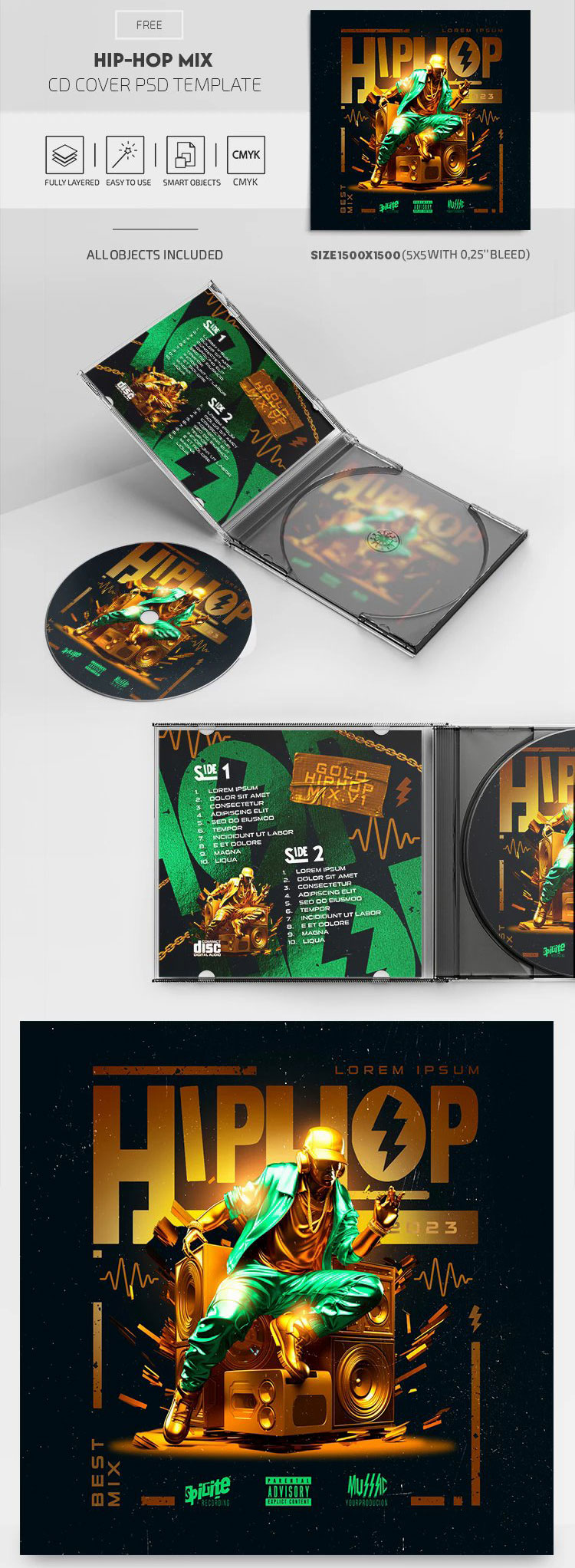 Eye-Catching Gold Hip Hop Album CD Cover Template FREE PSD