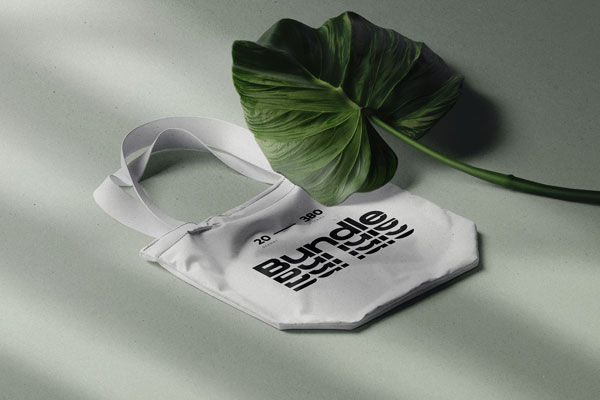 Fabric Bag Mockup in Isometric View with Tropical Leaf