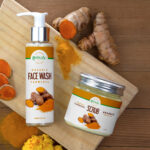 Face Wash Pump Spray and Scrub Jar Overhead View Mockup