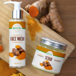 Face Wash Pump Spray and Scrub Jar Overhead View Mockup