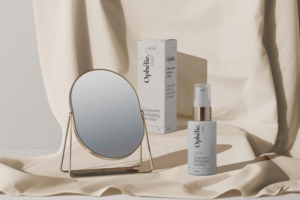 Facing Scene of Cosmetics Bottle Mockup and Paper Box