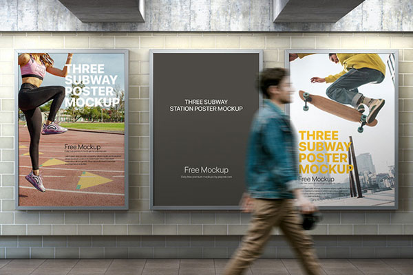 Facing Shot of 3 Subway Station Posters Mockup