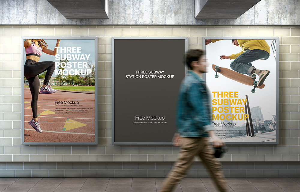 Facing Shot of 3 Subway Station Posters Mockup