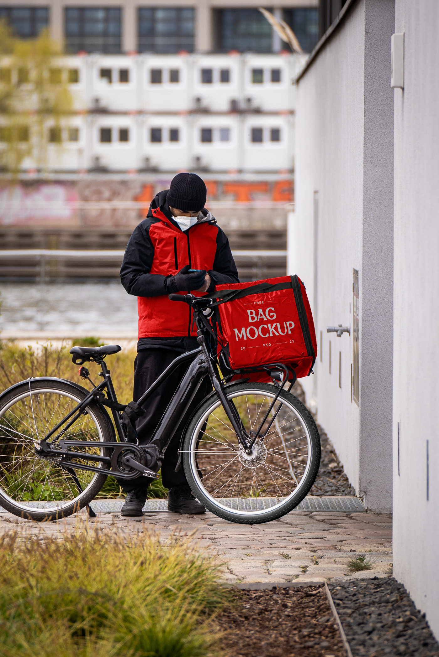 Facing Shot of Food Delivery Man Mockup FREE PSD