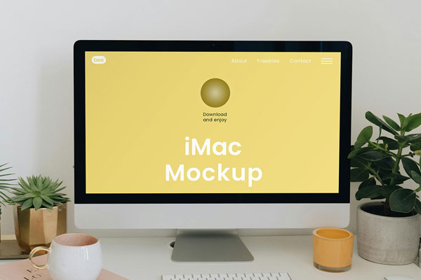 Facing Shot of iMac Mockup with Plants