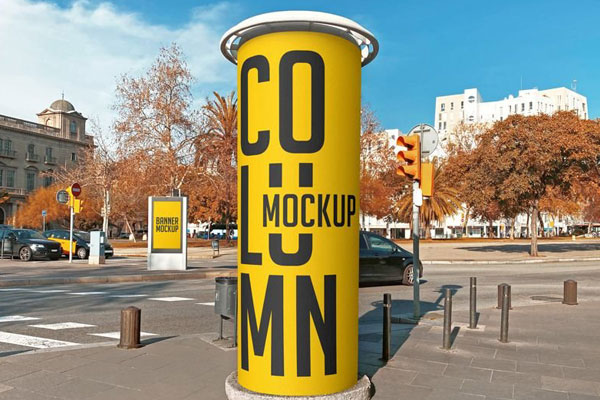 Facing Shot of Round Street Advertising Column Mockup