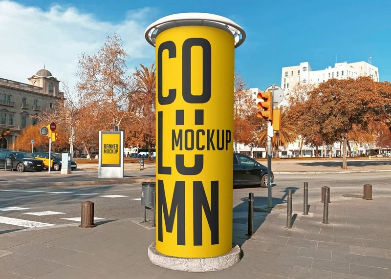 Facing Shot of Round Street Advertising Column Mockup