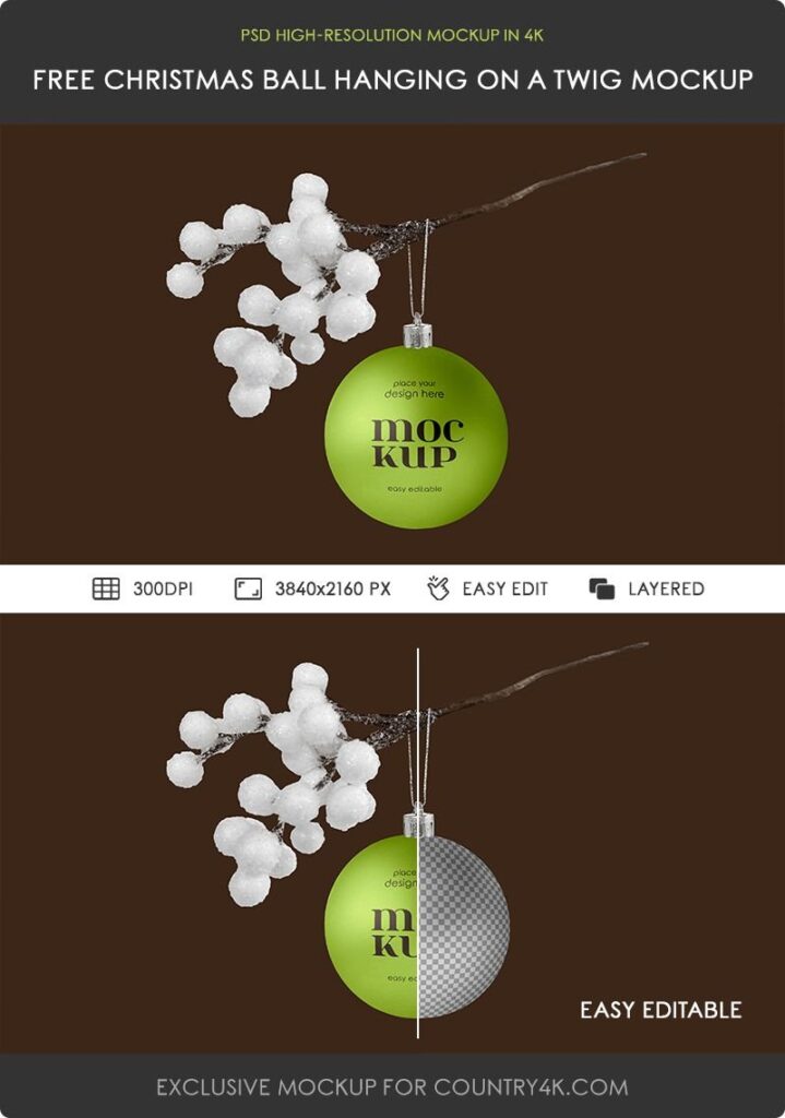 Facing Showcase of Christmas Ball Mockup Hanging on Twig
