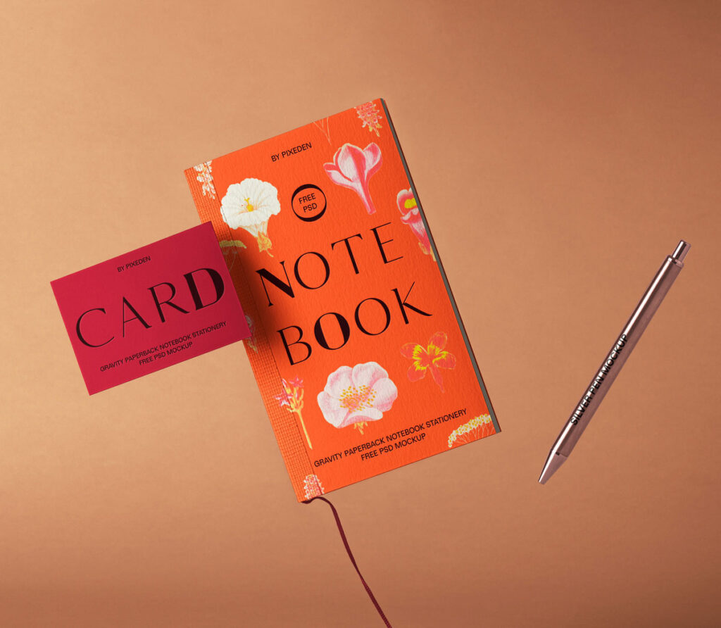 Facing Sight of Floating Notebook Mockup with Pen