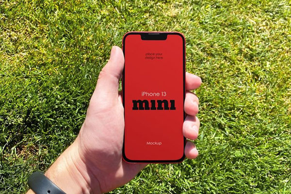 Facing Sight of iPhone 13 Mini Mockup in Hand