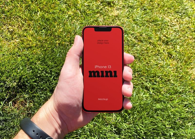 Facing Sight of iPhone 13 Mini Mockup in Hand