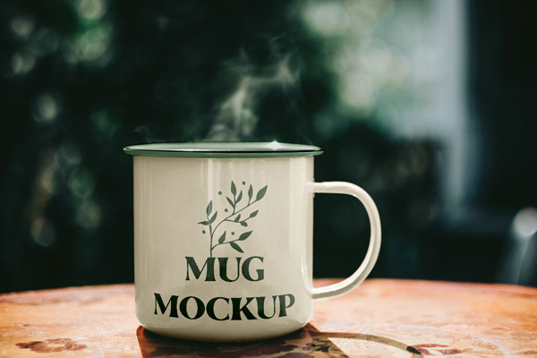 Facing Sight of Metal Mug on Table Mockup