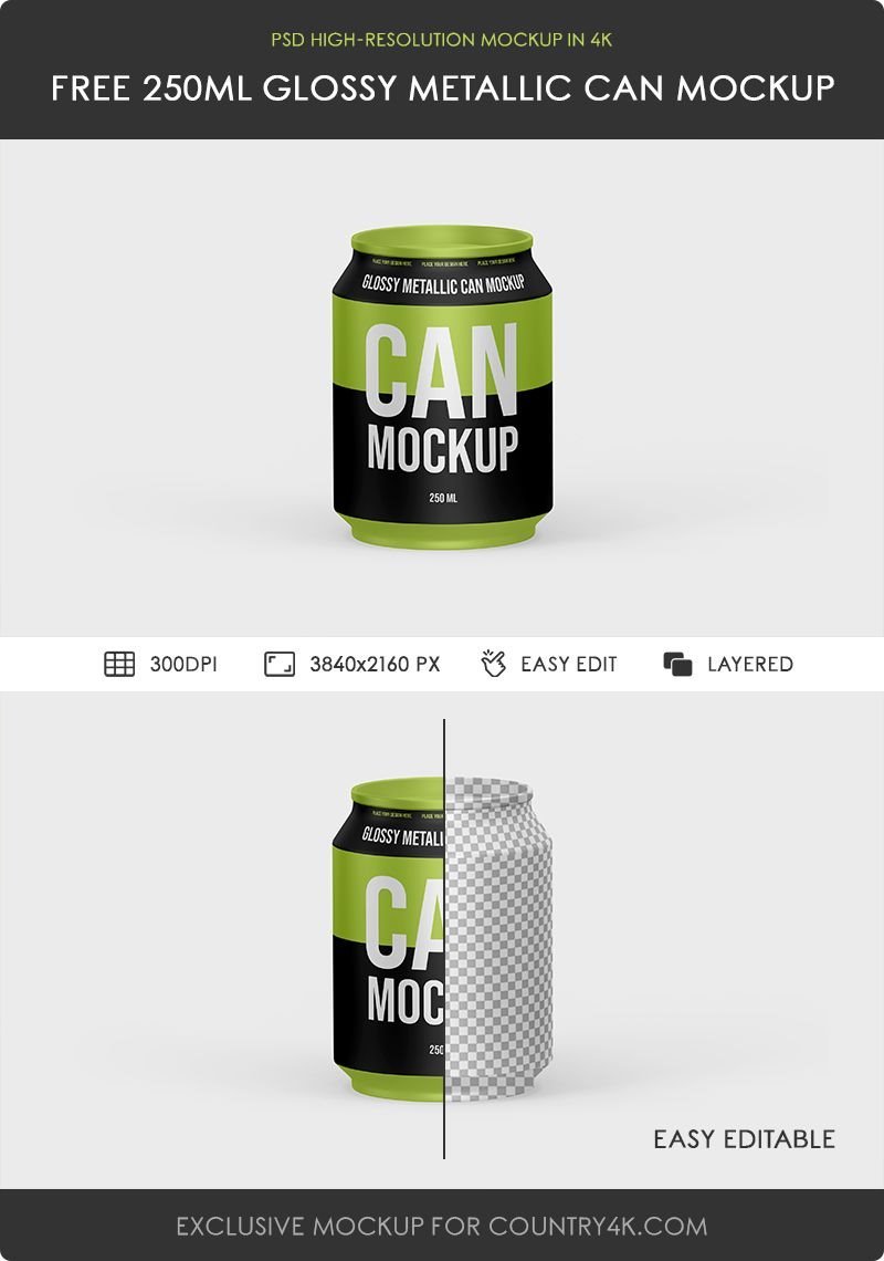 Facing View of 250ml Glossy Metallic Can Mockup FREE PSD