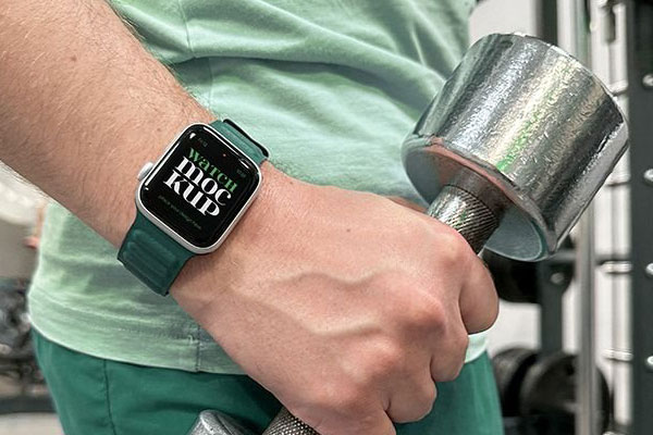 Facing View of Apple Watch Mockup in Gym with Dumbbell