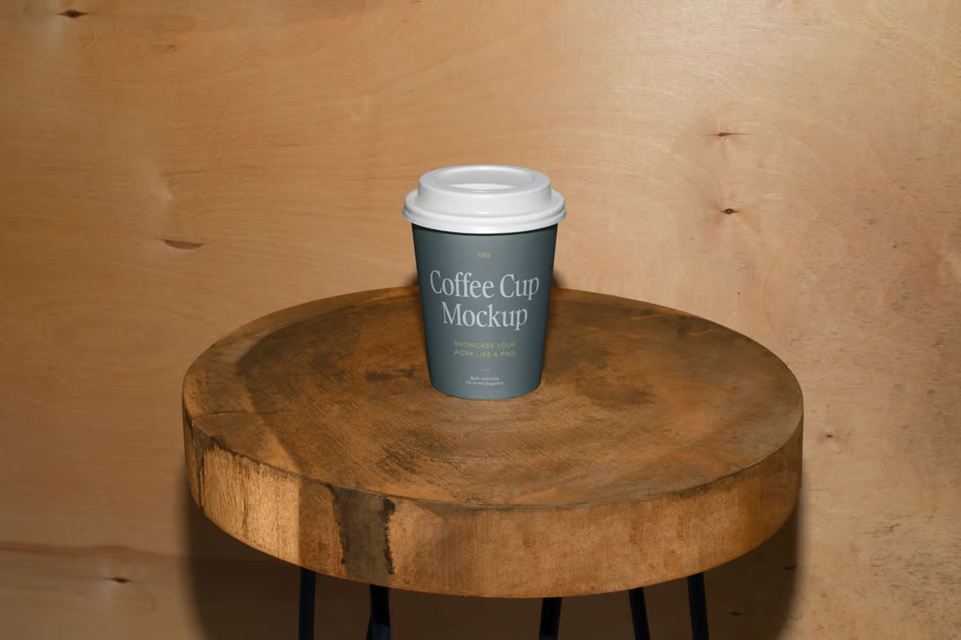 Free Facing View of Coffee Cup Mockup on Wooden Stool PSD Template