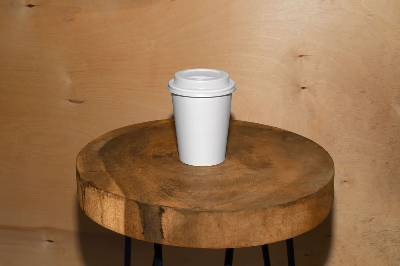 Free Facing View of Coffee Cup Mockup on Wooden Stool PSD Template