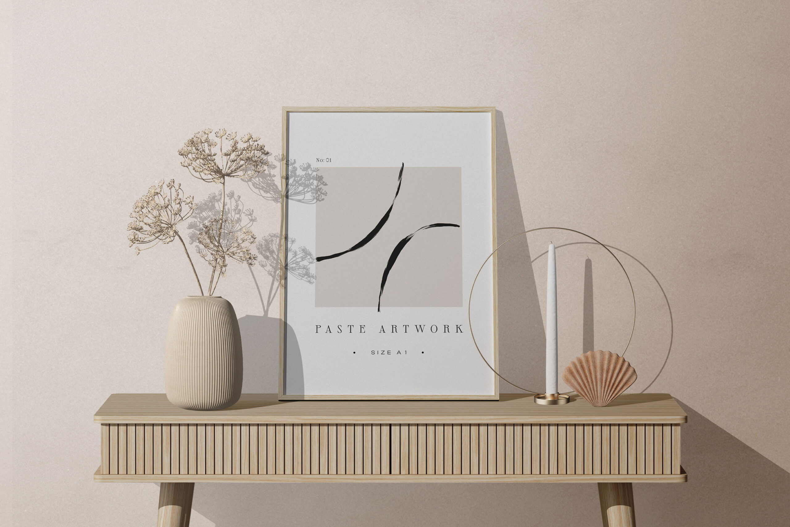 Free Facing View of Frame Mockup on Table with Decorative Plant PSD Template