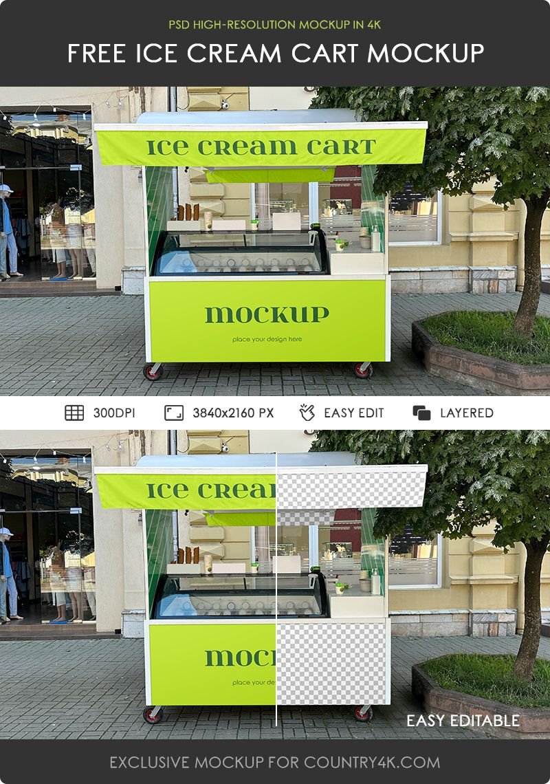 Facing View of Ice Cream Cart Mockup FREE PSD