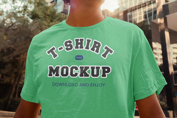 Facing View of Men T-shirt Mockup in City