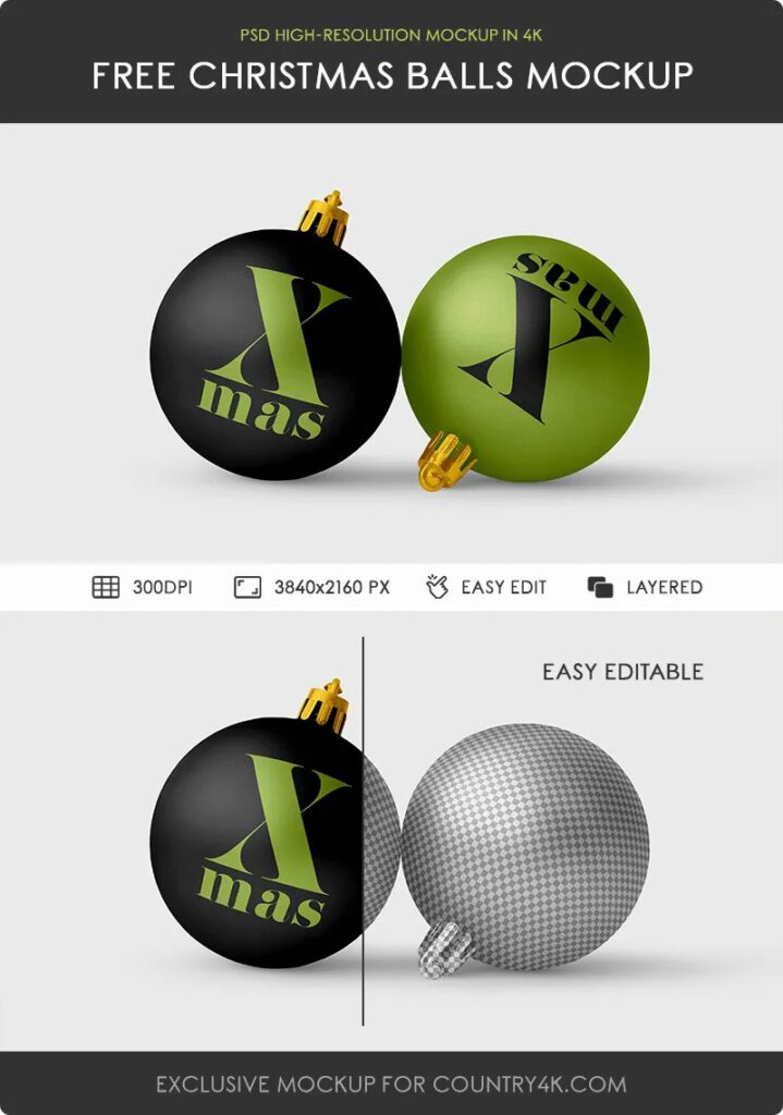 Facing View of Metallic Christmas Balls Mockup