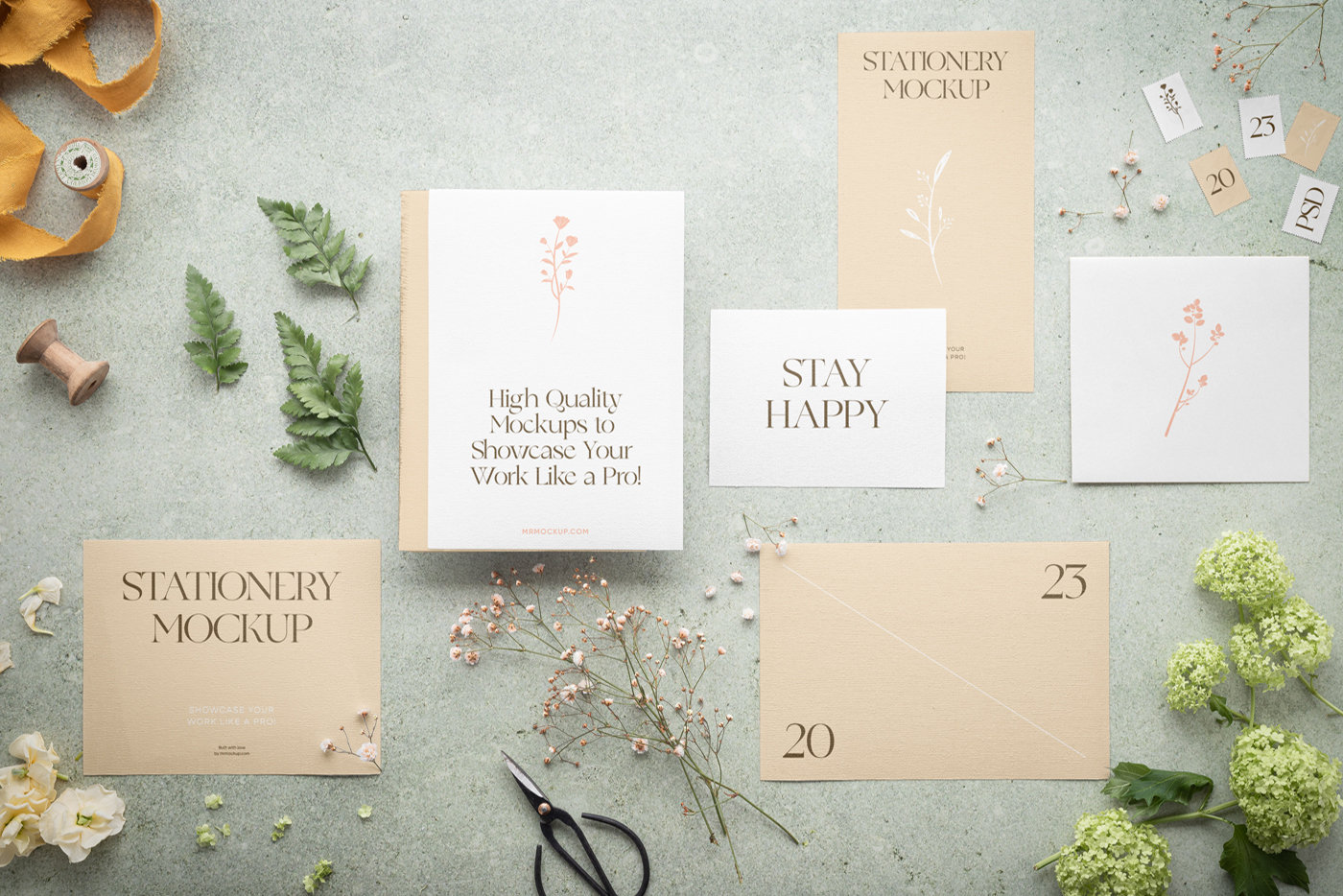 Facing View of Paper Stationery Set Mockup FREE PSD