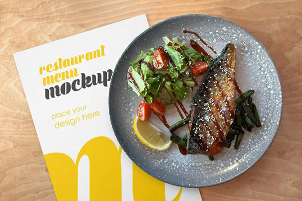 Facing View of Restaurant Menu Mockup with Fish Dish