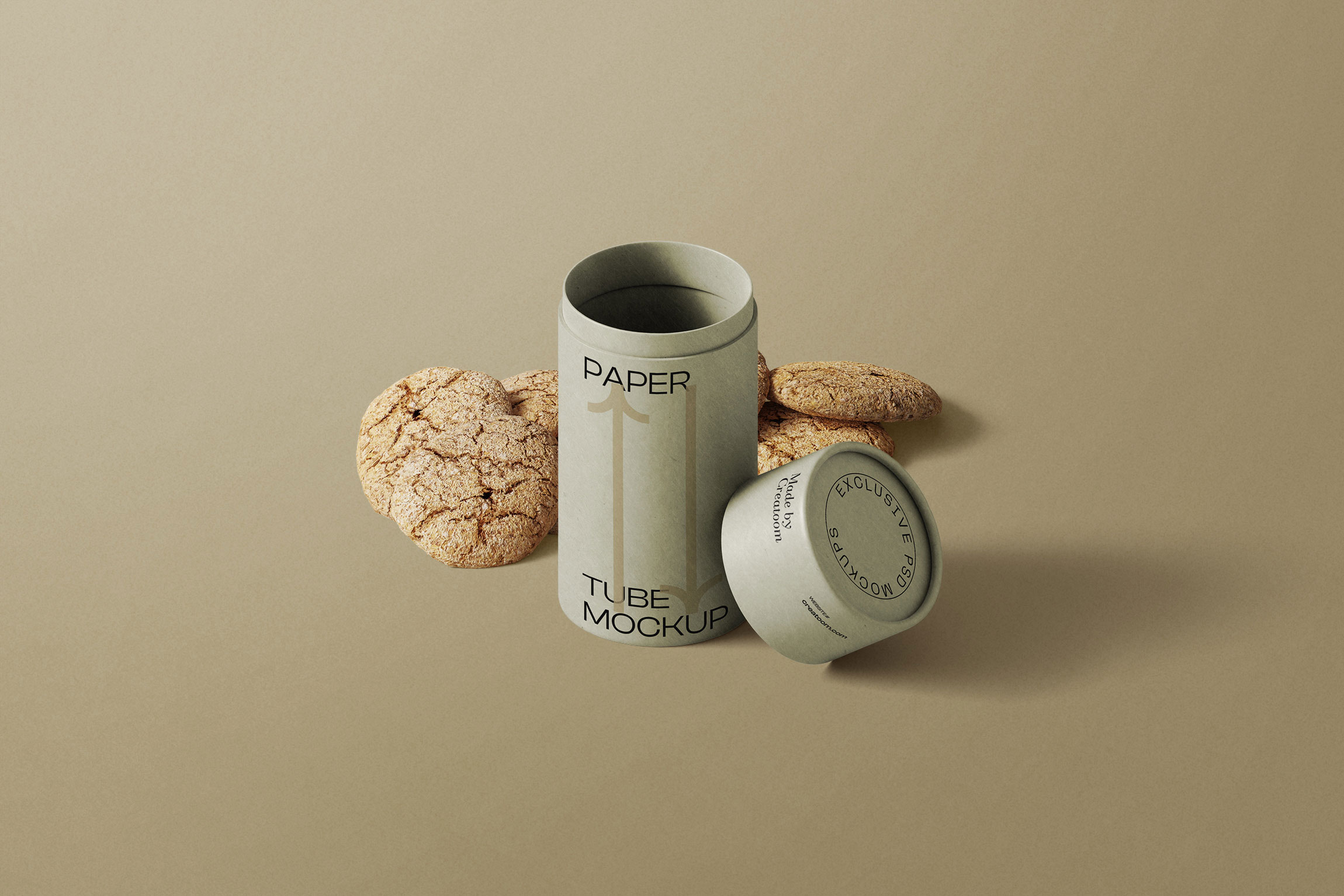 Free Facing View of Tube Mockups With Cookies PSD Template