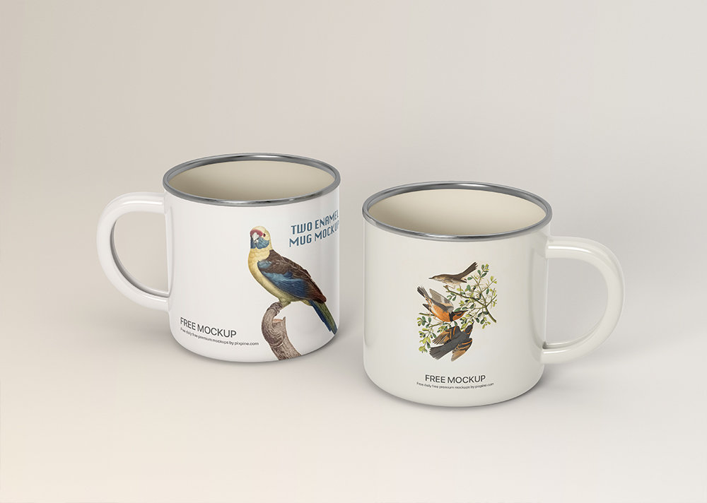 Facing View of Two Enamel Mug Mockup