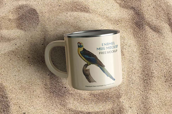Facing Vision of Enamel Mug Mockup on Sand