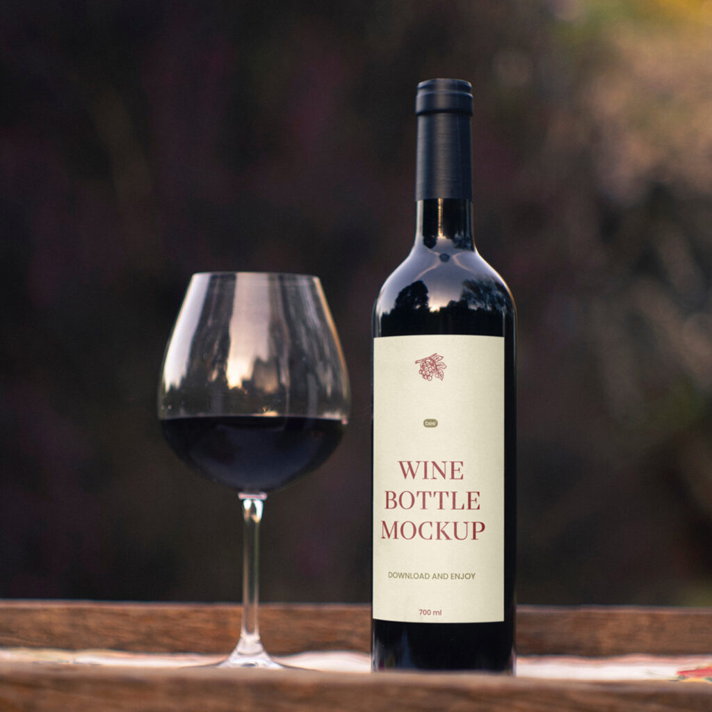 Facing Vision of Wine Bottle Mockup with Glass