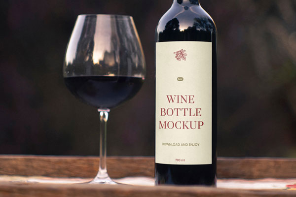 Facing Vision of Wine Bottle Mockup with Glass