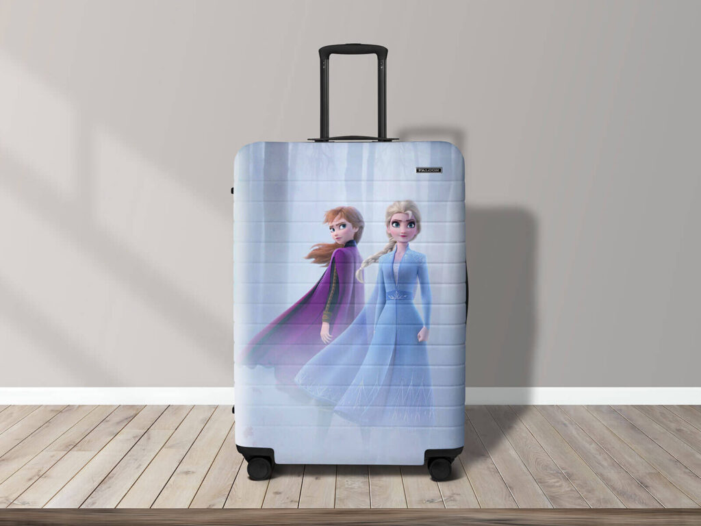 Fancy Travel Luggage Suitcase on Wooden Floor Mockup