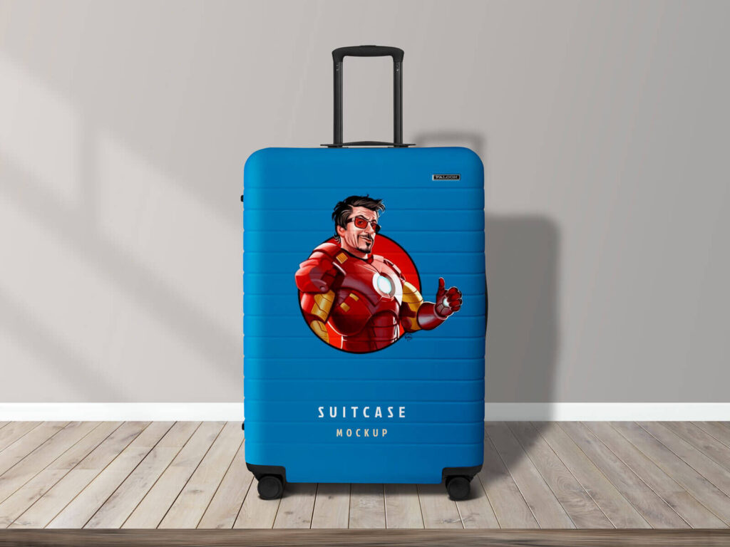 Fancy Travel Luggage Suitcase on Wooden Floor Mockup
