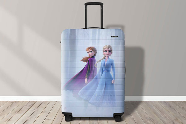 Fancy Travel Luggage Suitcase on Wooden Floor Mockup