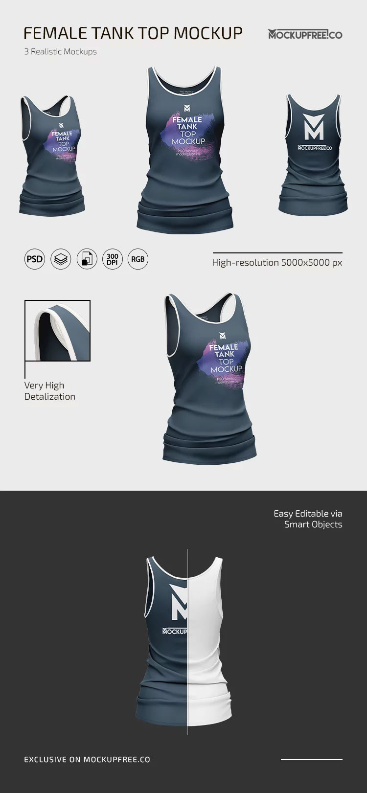 Free Female Tank Top Mockup in 3 Showcases PSD Template