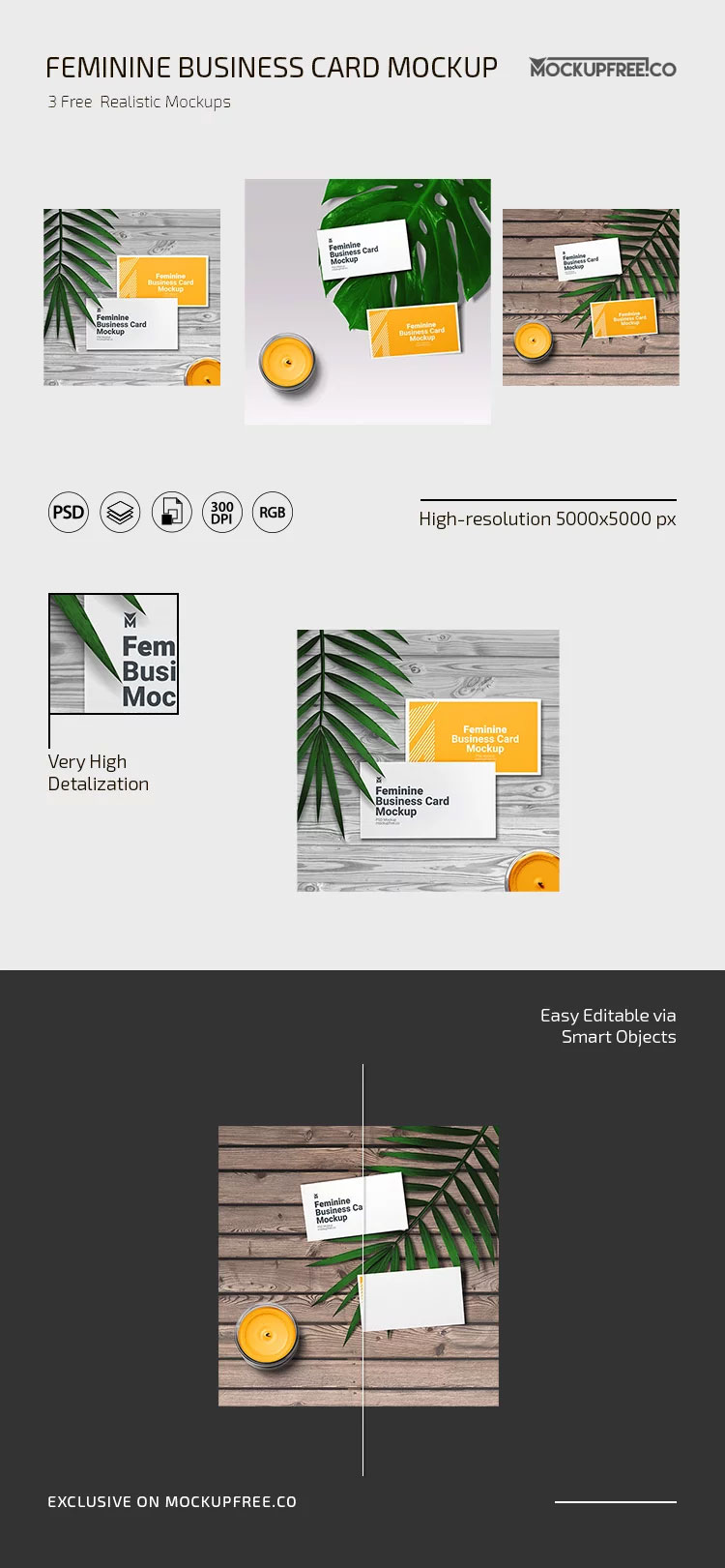Free Feminine Business Card Mockup in 3 Shots PSD Template