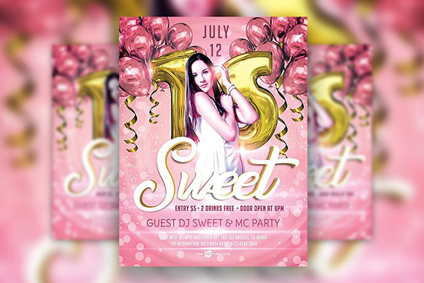 Feminine Sweet Sixteen Birthday Flyer and Facebook Cover Template