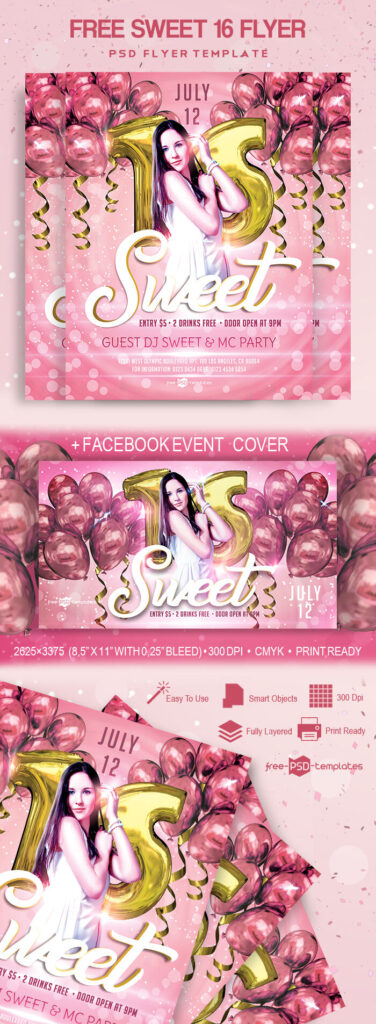 Feminine Sweet Sixteen Birthday Flyer and Facebook Cover Template