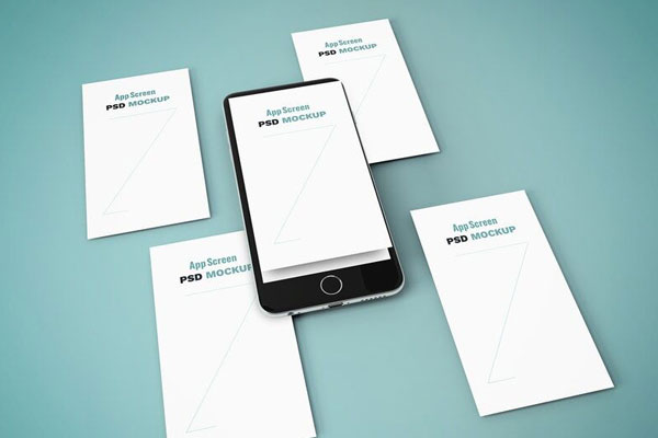 Five iPhone Screens Laid Down Together in Perspective View Mockup